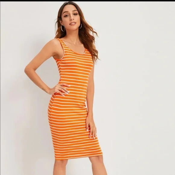 striped bodycon tank dress Jaimenalin Women'S Striped Bodycon Mini Dress Button Scoop Neck Sleeveless Knit Tank Dress with Pocket Pink XL